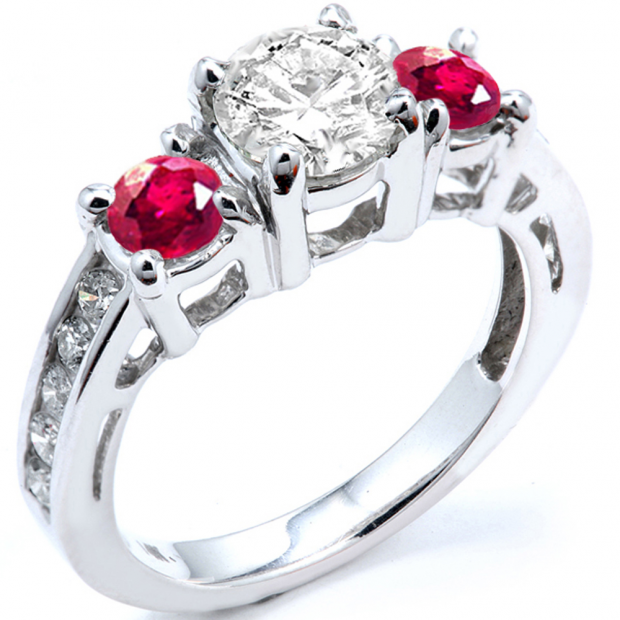2.55 Carat (ctw) 14k White Gold Round Red Ruby And White Diamond Ladies Bridal Engagement Ring 2 1/2 CT