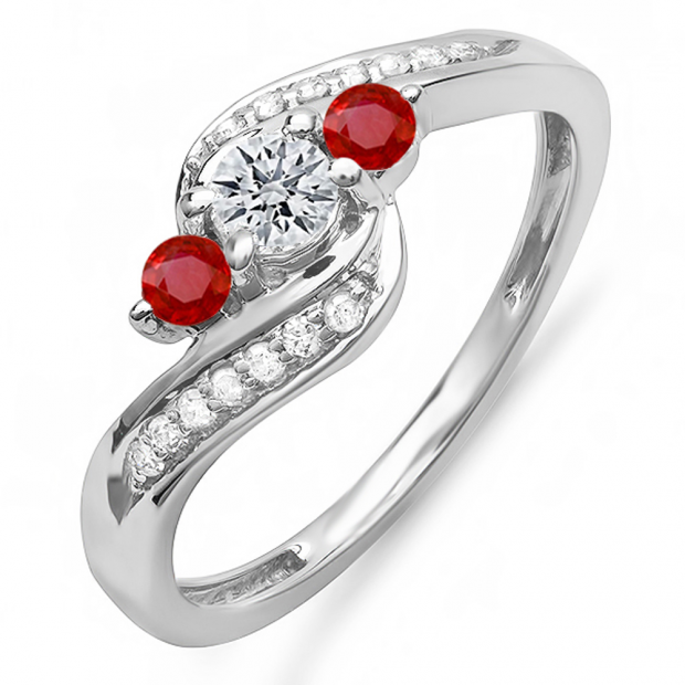 1.00 Carat (ctw) 14k White Gold Round Red Ruby And White Diamond Ladies Swirl Engagement 3 Stone Bridal Ring 1 CT
