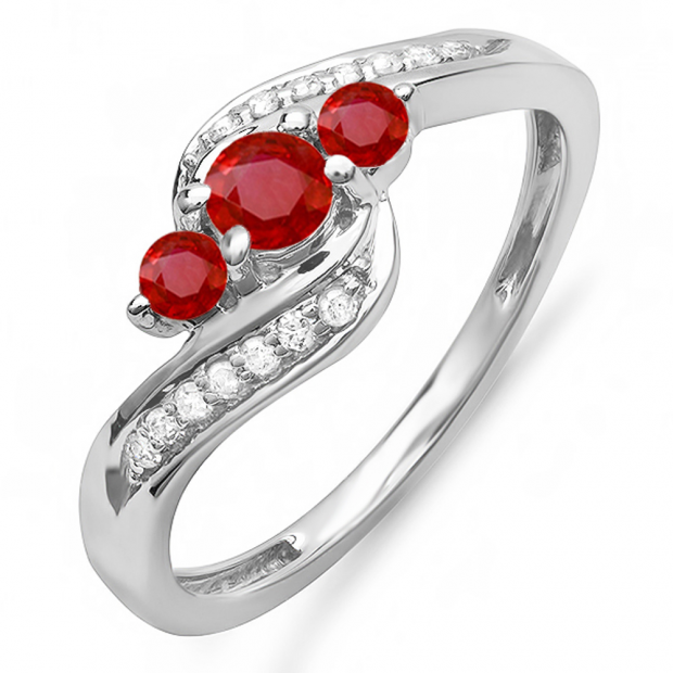 1.00 Carat (ctw) 14k White Gold Round Red Ruby And White Diamond Ladies Swirl Engagement 3 Stone Bridal Ring 1 CT