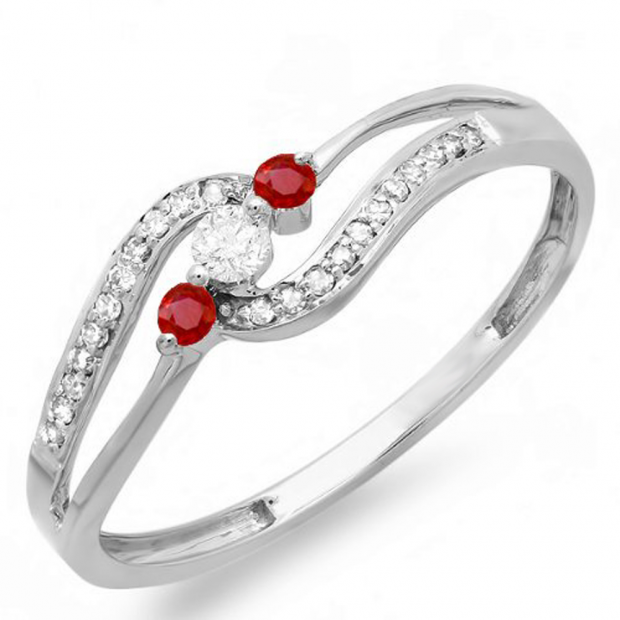 0.20 Carat (ctw) 10k White Gold Round Ruby And White Diamond Ladies 3 stone Engagement Promise Ring 1/5 CT
