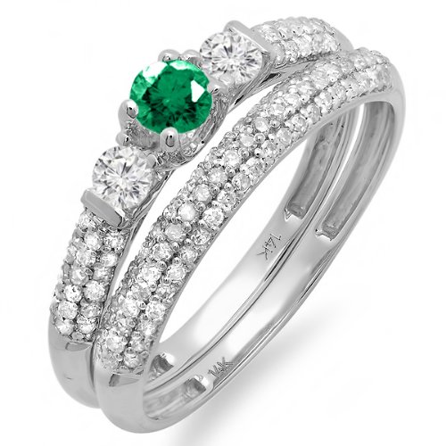 0.85 Carat (ctw) 10k White Gold Round Green Emerald And White Diamond 3 Stone Ladies Bridal Engagement Ring Wedding Band Set