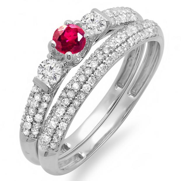 0.85 Carat (ctw) 14k White Gold Round Ruby And White Diamond 3 Stone Ladies Bridal Engagement Ring Wedding Band Set