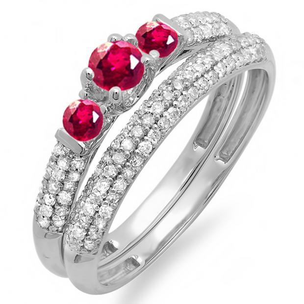 0.85 Carat (ctw) 10k White Gold Round Ruby And White Diamond 3 Stone Ladies Bridal Engagement Ring Wedding Band Set