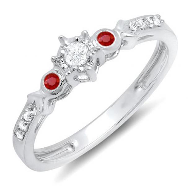 0.20 Carat (ctw) 10k White Gold Round Ruby And White Diamond 3 Stone Ladies Bridal Engagement Promise Ring 1/5 CT