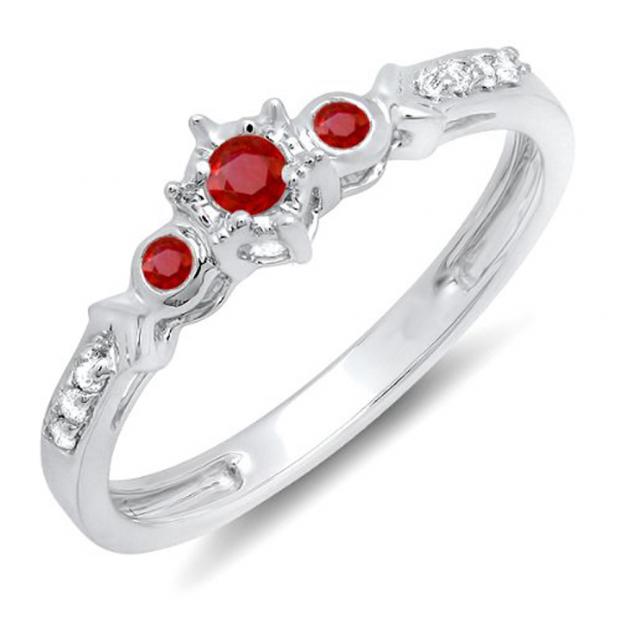 0.20 Carat (ctw) 10k White Gold Round Ruby And White Diamond 3 Stone Ladies Bridal Engagement Promise Ring 1/5 CT