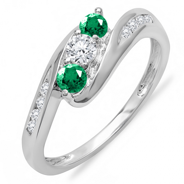 0.50 Carat (ctw) 14k White Gold Round White Diamond And Green Emerald Ladies Swirl Engagement 3 Stone Bridal Ring 1/2 CT