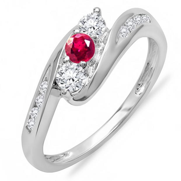 0.50 Carat (ctw) 10k White Gold Round White Diamond And Ruby Ladies Swirl Engagement 3 Stone Bridal Ring 1/2 CT