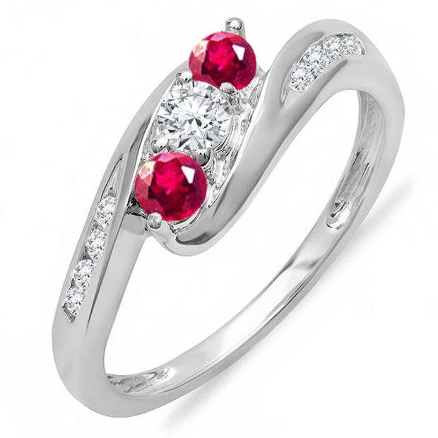 0.50 Carat (ctw) 14k White Gold Round White Diamond And Ruby Ladies Swirl Engagement 3 Stone Bridal Ring 1/2 CT