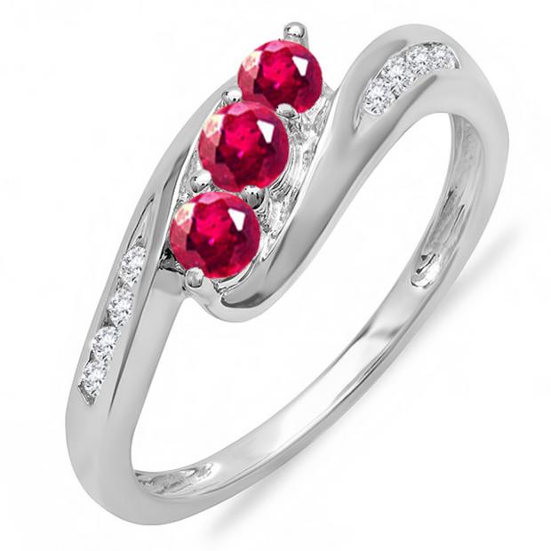 0.50 Carat (ctw) 14k White Gold Round White Diamond And Ruby Ladies Swirl Engagement 3 Stone Bridal Ring 1/2 CT