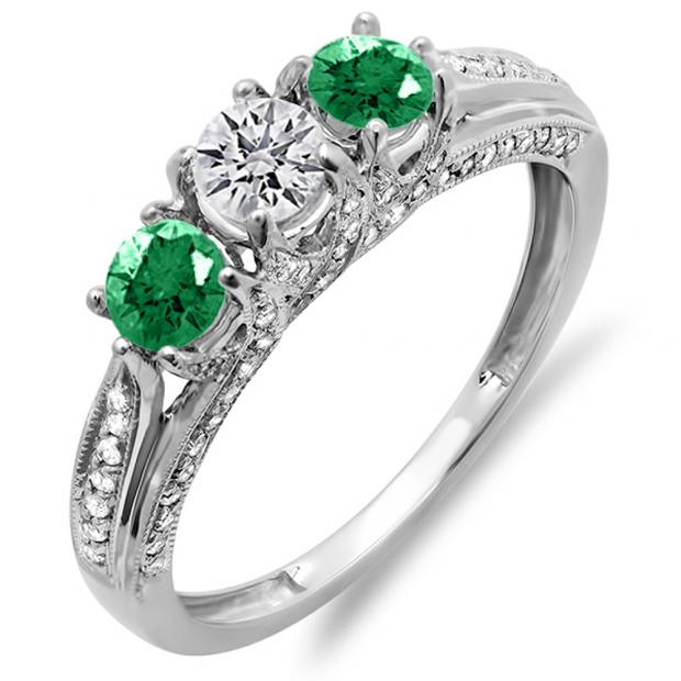1.00 Carat (ctw) 18k White Gold Round White Diamond And Green Emerald Ladies Vintage Bridal 3 Stone Engagement Ring