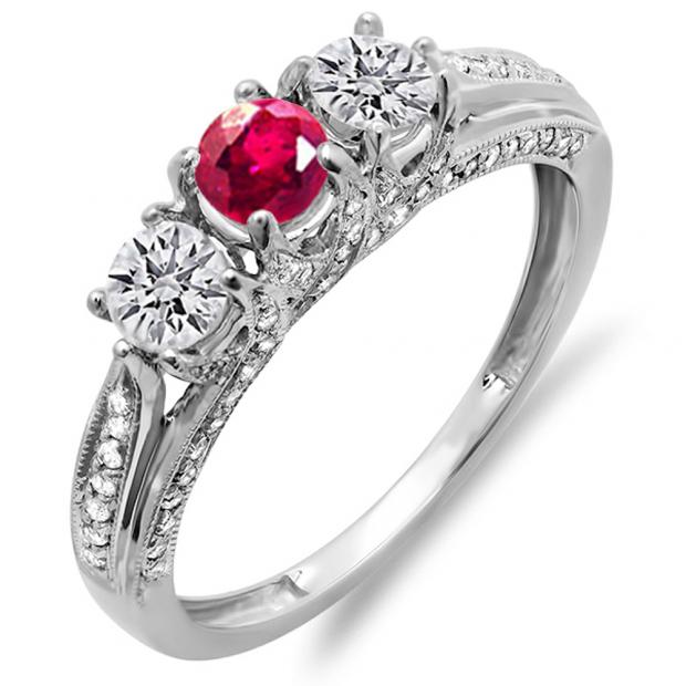 1.00 Carat (ctw) 14k White Gold Round White Diamond And Ruby Ladies Vintage Bridal 3 Stone Engagement Ring