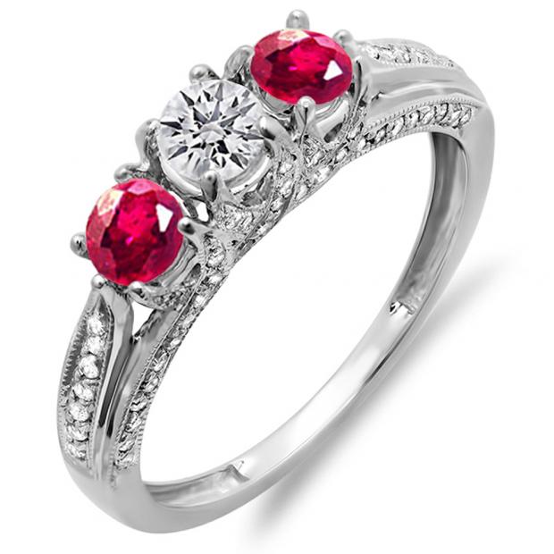 1.00 Carat (ctw) 14k White Gold Round White Diamond And Ruby Ladies Vintage Bridal 3 Stone Engagement Ring