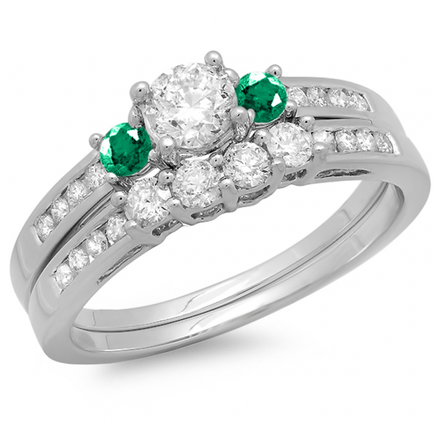 1.15 Carat (ctw) 18k White Gold Round Green Emerald & White Diamond Ladies Bridal Engagement Ring Matching Band Set