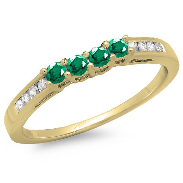 0.40 Carat (ctw) 14K Yellow Gold Round Emerald & Diamond Ladies Bridal Anniversary Wedding Band Ring