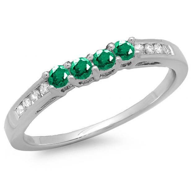 0.40 Carat (ctw) 18K White Gold Round Emerald & Diamond Ladies Bridal Anniversary Wedding Band Ring