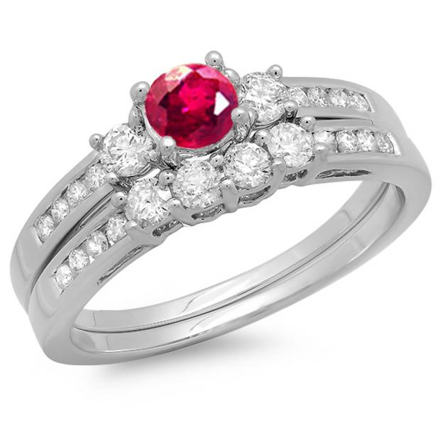 1.15 Carat (ctw) 10k White Gold Round Ruby & White Diamond Ladies Bridal Engagement Ring Matching Band Set