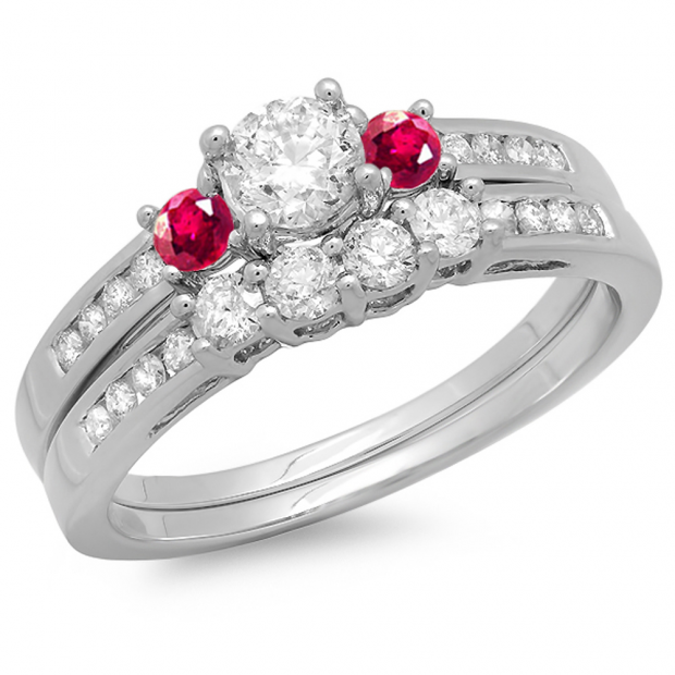 1.15 Carat (ctw) 10k White Gold Round Red Ruby & White Diamond Ladies Bridal Engagement Ring Matching Band Set
