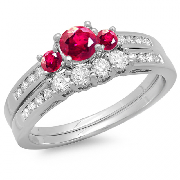1.15 Carat (ctw) 10k White Gold Round Red Ruby & White Diamond Ladies Bridal Engagement Ring Matching Band Set