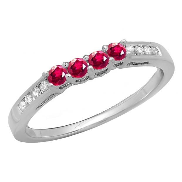 0.40 Carat (ctw) 18K White Gold Round Ruby & White Diamond Ladies Contour Anniversary Wedding Stackable Band Guard Ring