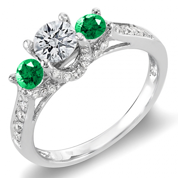 1.00 Carat (ctw) 14k White Gold Round White Diamond And Green Emerald 3 Stone Ladies Bridal Engagement Ring 1 CT