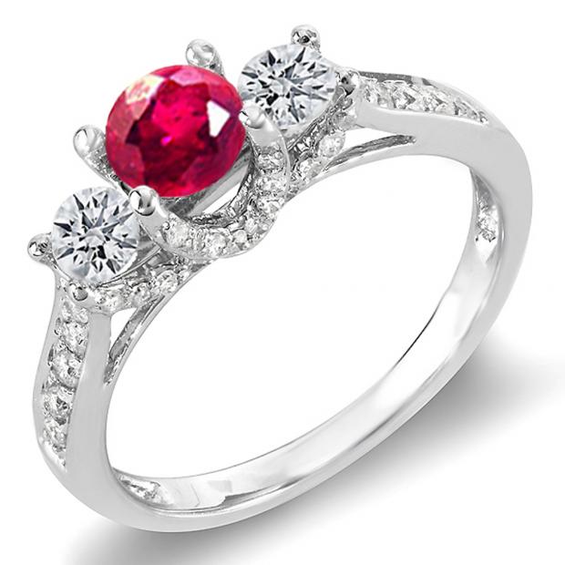 1.00 Carat (ctw) 10k White Gold Round White Diamond And Ruby 3 Stone Ladies Bridal Engagement Ring 1 CT