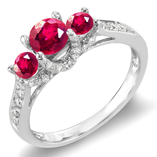1.00 Carat (ctw) 14k White Gold Round White Diamond And Red Ruby 3 Stone Ladies Bridal Engagement Ring 1 CT