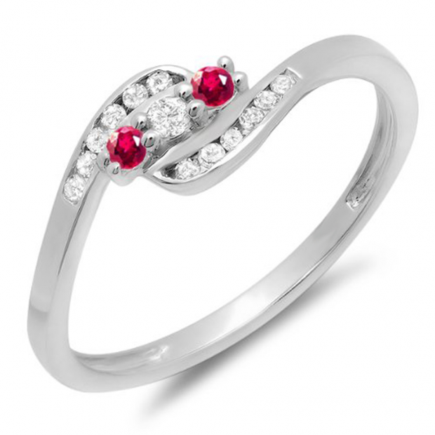 0.25 Carat (ctw) 10K White Gold Round Ruby And White Diamond Ladies Anniversary Promise Wedding Ring 1/4 CT