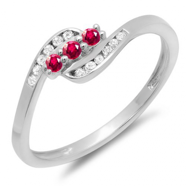0.25 Carat (ctw) 10K White Gold Round Ruby And White Diamond Ladies Anniversary Promise Wedding Ring 1/4 CT