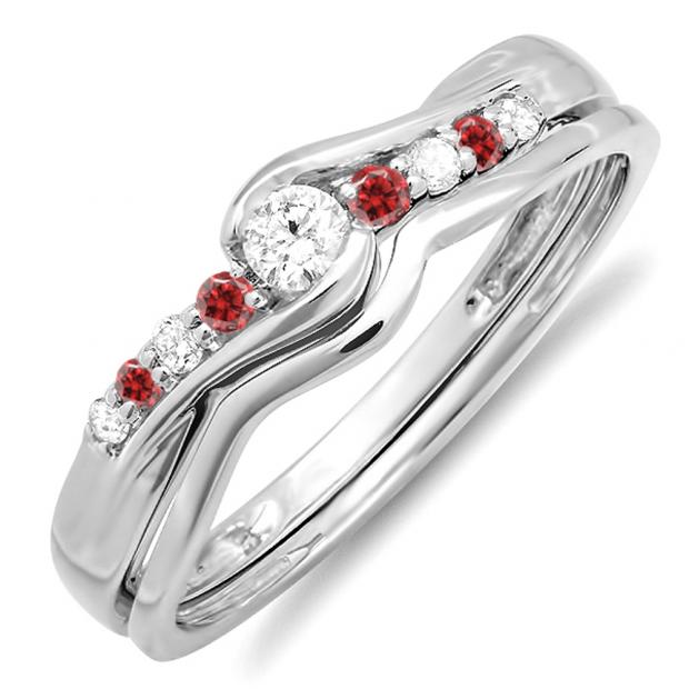 0.25 Carat (ctw) 14k White Gold Round Ruby And White Diamond Ladies Bridal Promise Engagement Wedding Set Ring with Matching Band 1/4 CT