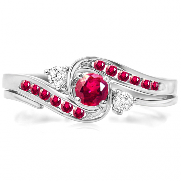 0.50 Carat (ctw) 10k White Gold Round Ruby And White Diamond Ladies Swirl Bridal Engagement Ring Matching Band Set 1/2 CT