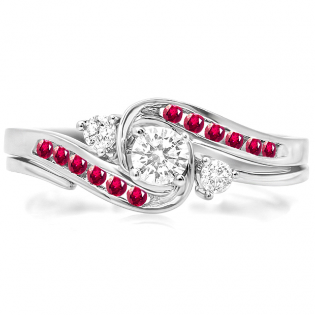 0.50 Carat (ctw) 10k White Gold Round Ruby And White Diamond Ladies Swirl Bridal Engagement Ring Matching Band Set 1/2 CT