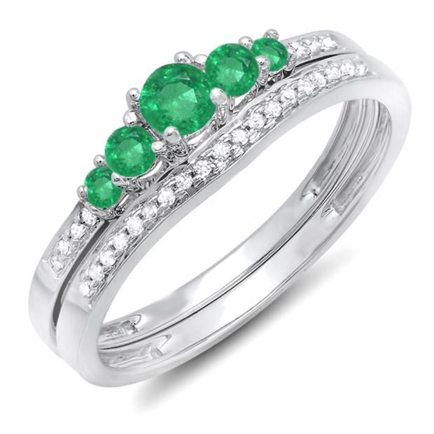 0.45 Carat (ctw) 14k White Gold Round Green Emerald And White Diamond Ladies 5 Stone Bridal Engagement Ring Matching Band Set 1/2 CT