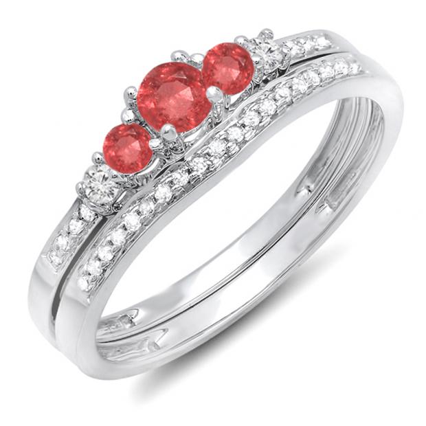 0.45 Carat (ctw) 14k White Gold Round Ruby And White Diamond Ladies 5 Stone Bridal Engagement Ring Matching Band Set 1/2 CT