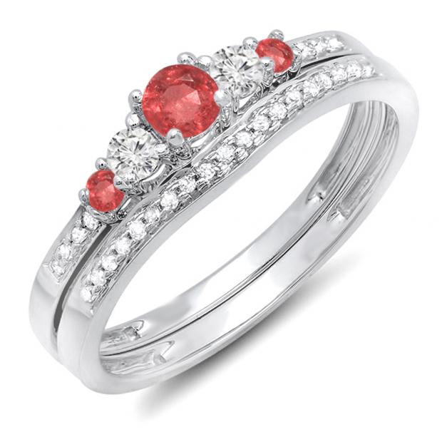 0.45 Carat (ctw) 14k White Gold Round Ruby And White Diamond Ladies 5 Stone Bridal Engagement Ring Matching Band Set 1/2 CT
