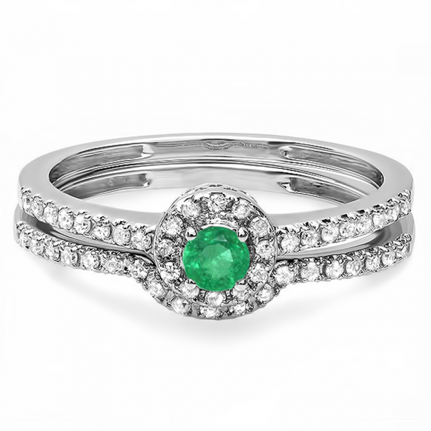 0.45 Carat (ctw) 18k White Gold Round Green Emerald And White Diamond Ladies Halo Style Bridal Engagement Ring Matching Band Set 1/2 CT