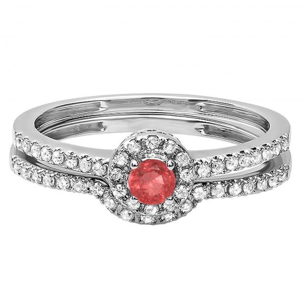 0.45 Carat (ctw) 14k White Gold Round Ruby And White Diamond Ladies Halo Style Bridal Engagement Ring Matching Band Set 1/2 CT