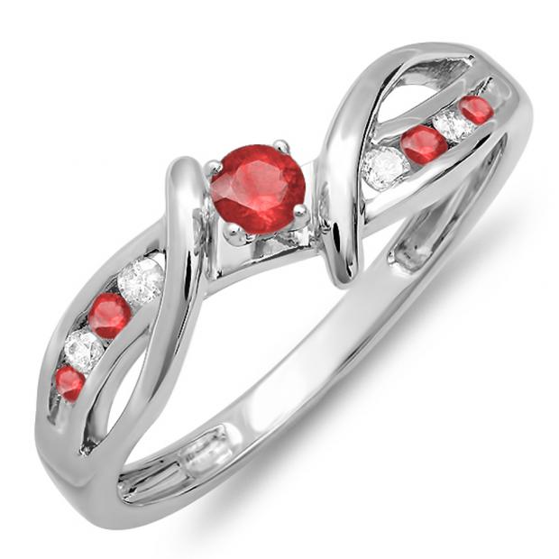 0.25 Carat (ctw) 14k White Gold Round Ruby And White Diamond Crossover Split Shank Ladies Bridal Promise Engagement Ring 1/4 CT