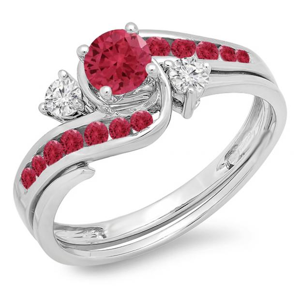 0.90 Carat (ctw) 10k White Gold Round Ruby And White Diamond Ladies Swirl Bridal Engagement Ring Matching Band Set