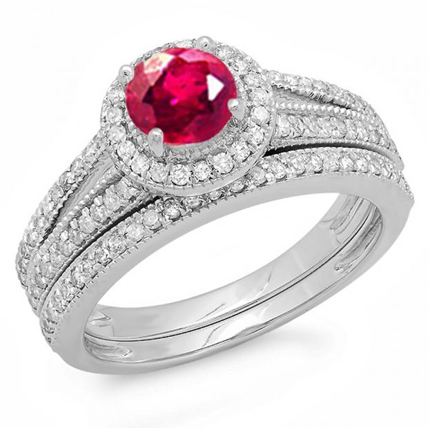 1.25 Carat (ctw) 14k White Gold Round Ruby And White Diamond Ladies Split Shank Halo Style Bridal Engagement Ring Set With Matching Band 1 1/4 CT