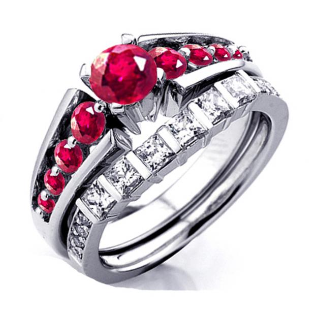 1.75 Carat (ctw) 10k White Gold Princess & Round Ruby and White Moissanite Ladies Bridal Engagement Ring Set 1 3/4 CT