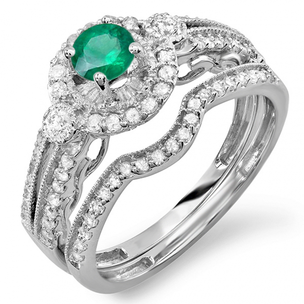 1.00 Carat (ctw) 14k White Gold Round Green Emerald & White Diamond Ladies Halo Bridal Engagement Ring Set Matching Band 0.40 CT Center included 1 CT