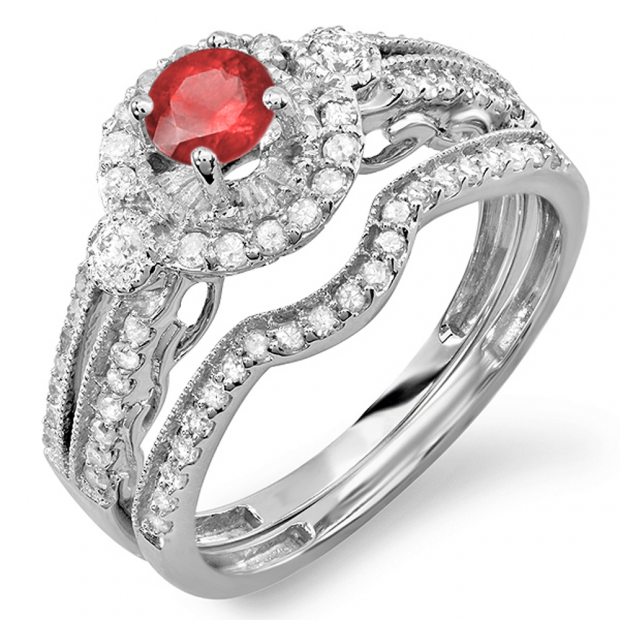 1.00 Carat (ctw) 10k White Gold Round Ruby & White Diamond Ladies Halo Bridal Engagement Ring Set Matching Band 0.40 CT Center included 1 CT