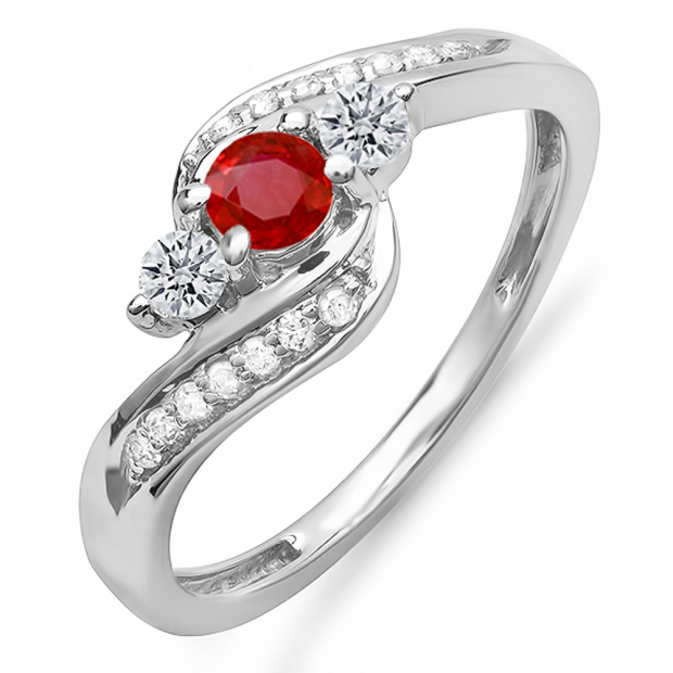 0.50 Carat (ctw) 14k White Gold Round Red Ruby And White Diamond Ladies Swirl Engagement 3 Stone Bridal Ring 1/2 CT