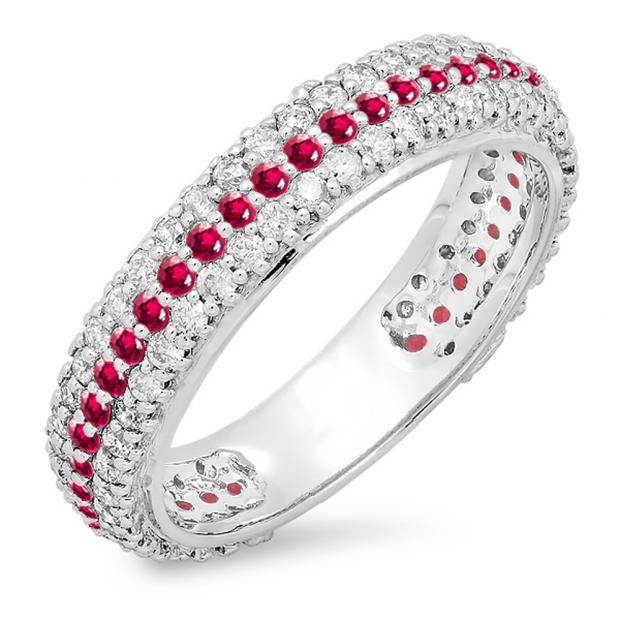 1.30 Carat (ctw) 14K White Gold Round White Diamond & Ruby Ladies Pave Set Anniversary Wedding Eternity Ring Band 1 1/3 CT