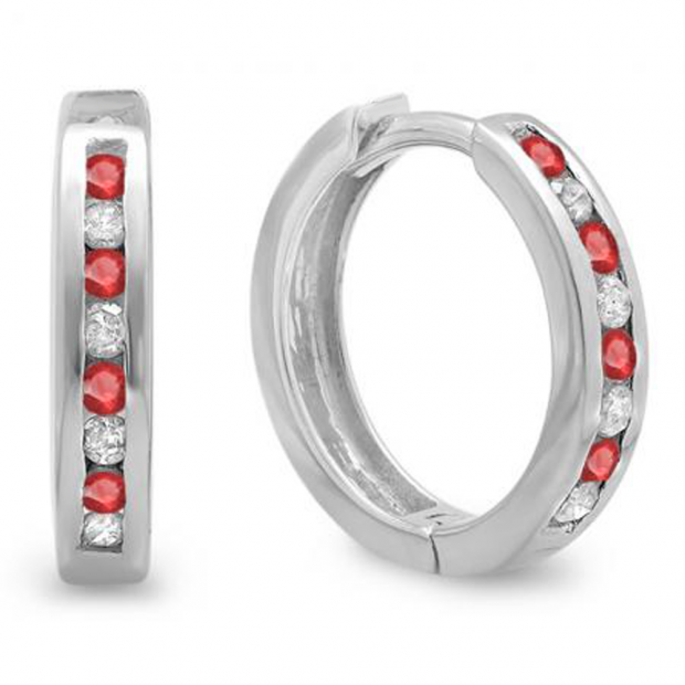 0.15 Carat (ctw) Small 11mm Sterling Silver Round Ruby & White Diamond Huggie Hoop Earrings
