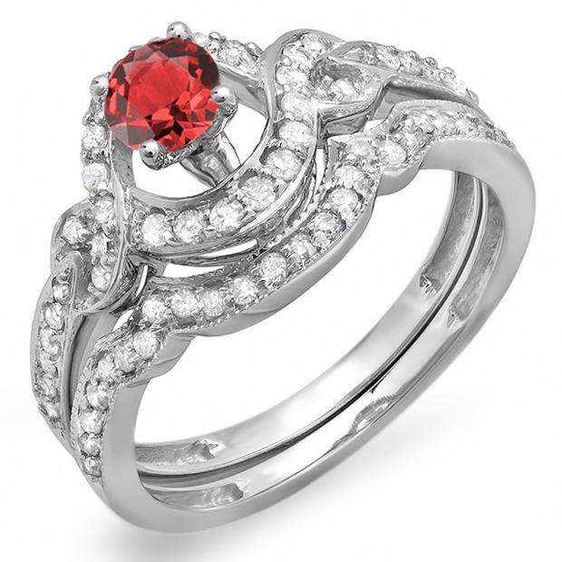 0.75 Carat (ctw) 10k White Gold Round Ruby And White Diamond Ladies Swirl Bridal Halo Engagement Ring Matching Band Set 3/4 CT