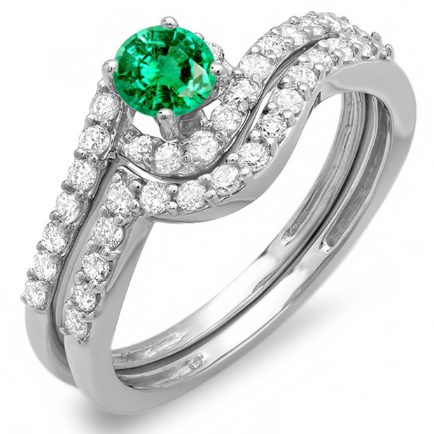 0.85 Carat (ctw) 18k White Gold Round Green Emerald And White Diamond Ladies Swirl Bridal Engagement Ring Matching Band Set