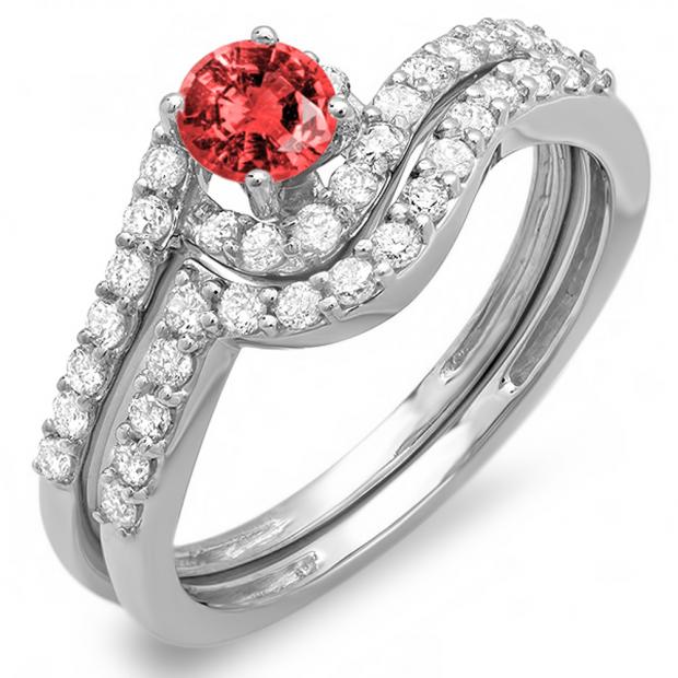 0.85 Carat (ctw) 18k White Gold Round Ruby And White Diamond Ladies Swirl Bridal Engagement Ring Matching Band Set