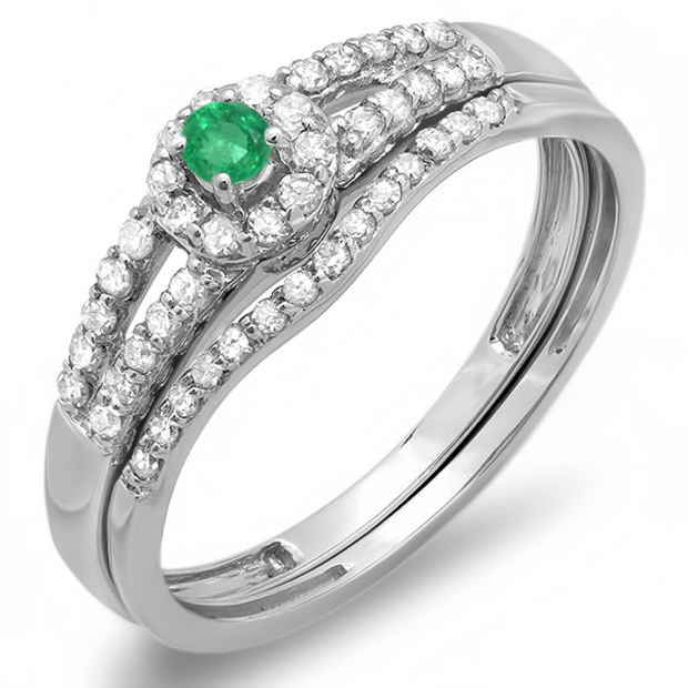 0.40 Carat (ctw) 10k White Gold Round Green Emerald And White Diamond Ladies Split Shank Halo Style Bridal Engagement Ring Matching Band Set