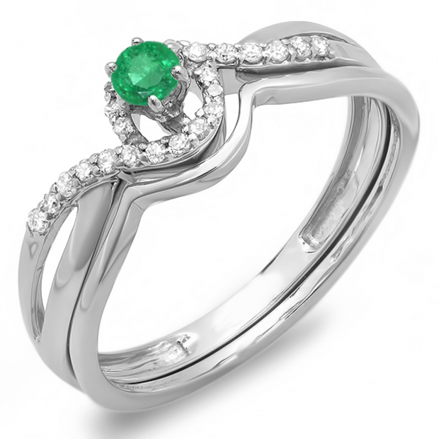 0.25 Carat (ctw) 10k White Gold Round Green Emerald And White Diamond Ladies Swirl Crossover Bridal Engagement Ring Matching Band Set 1/4 CT
